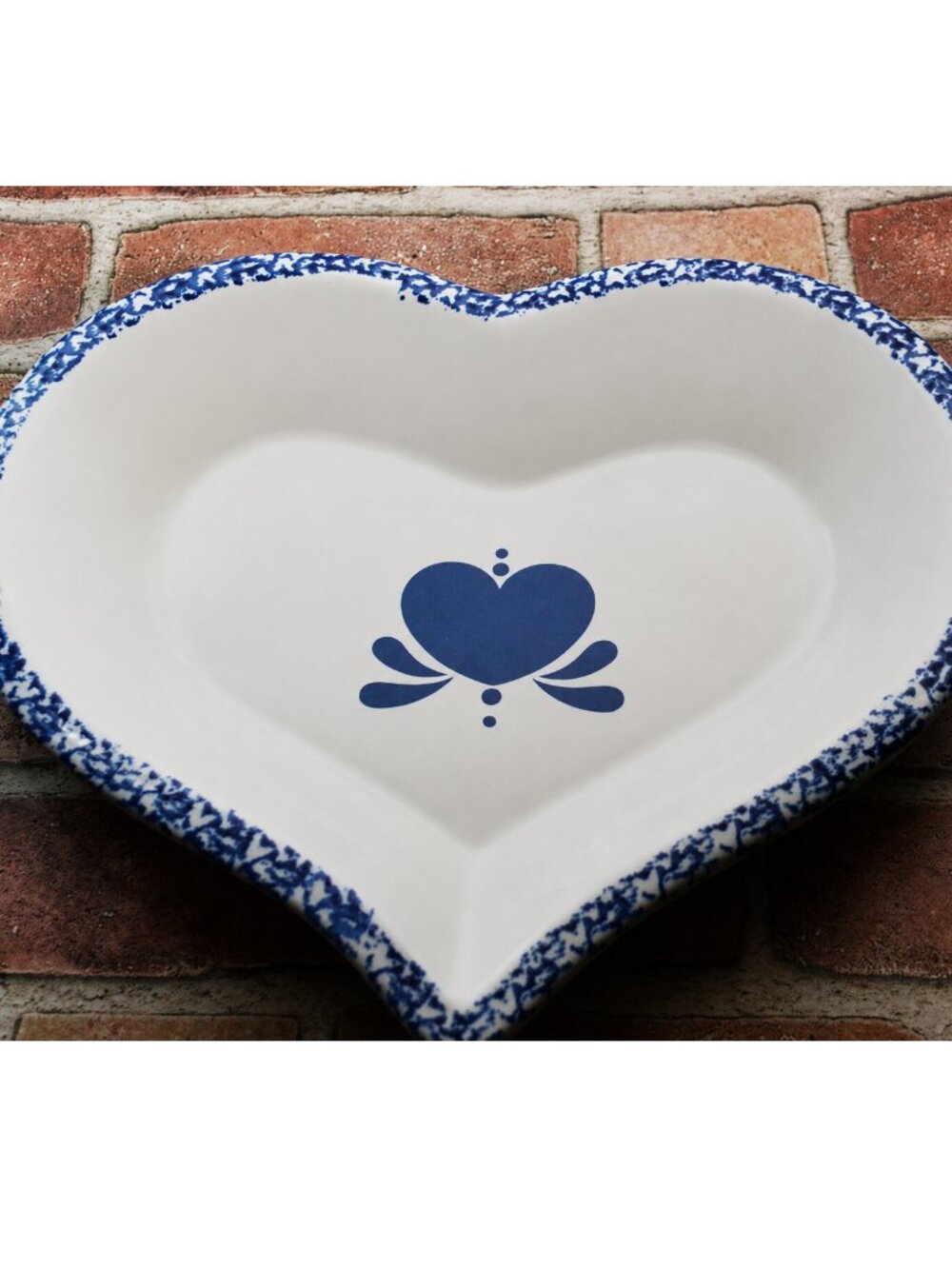 Vintage Blue Spongeware Heart Shaped Stoneware Baking Dish Folkart Decor